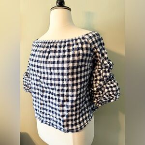 Lane Bryant Navy and White Gingham Off-Shoulder Blouse